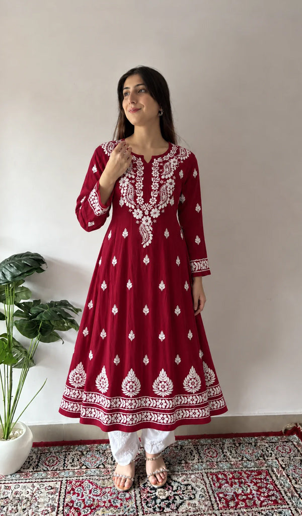 Women's Lucknowi Handcrafted Modal Cotton Chikankari Anarkali Dress - HONC0231085