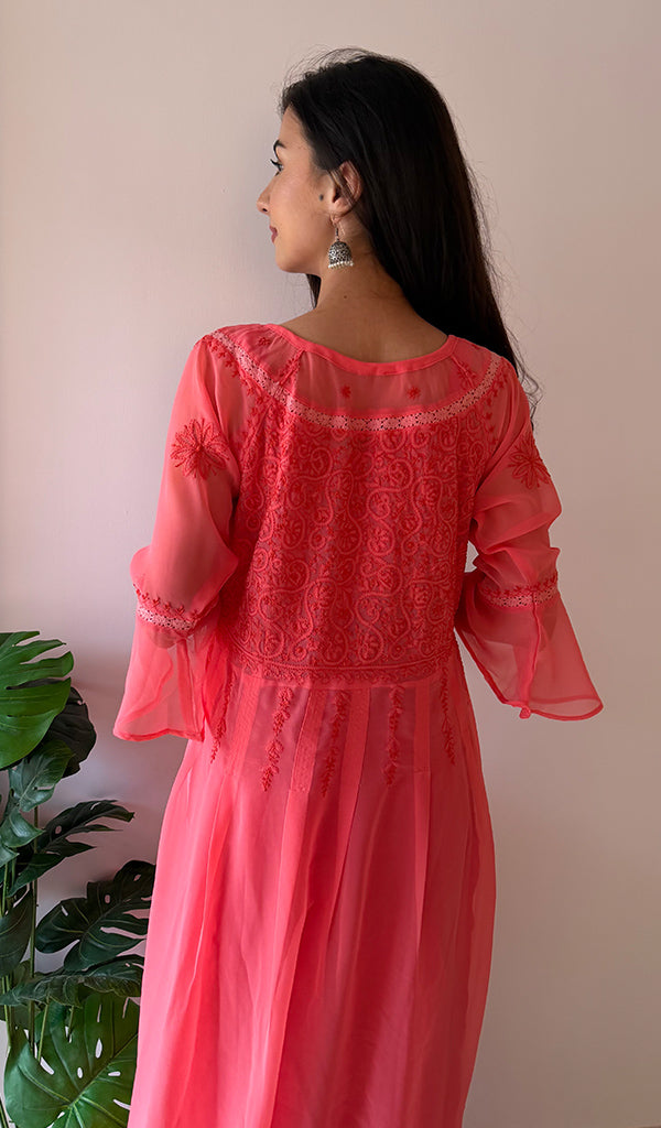 Aadab Women's Lucknowi Handcrafted Faux-Georgette Chikankari Anarkali Dress - NC038960