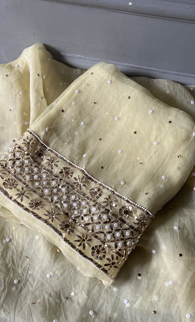 Women's Lakhnavi Handcrafted Pure Organza Chikankari Unstitched Kurta And Dupatta Set- HONC0300625