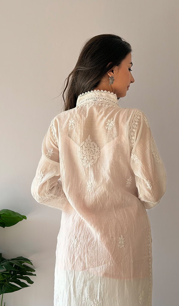 Women's Lucknowi Handcrafted Mul Chanderi Stitched Chikankari Kurta And Plazzo Set- HONC0378810