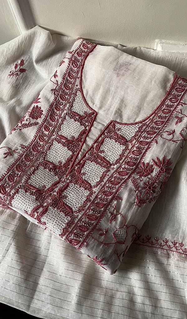 Women's Lakhnavi Handcrafted Mul Chanderi Unstitched Kurta And Dupatta Set - HONC0260937