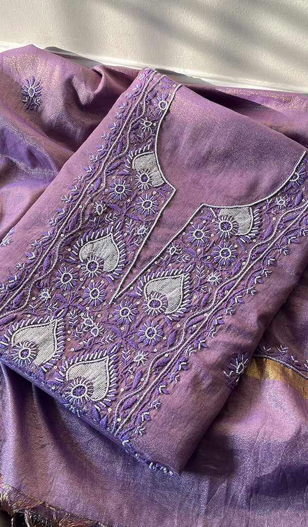 Women's Lakhnavi Handcrafted Tissue Chanderi Chikankari Suit Material - HONC0275991