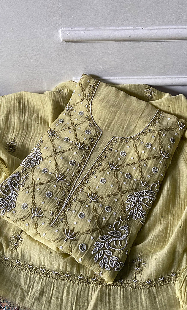 Shirin Women's Lakhnavi Handcrafted Mul Chanderi Unstitched Chikankari Full Suit Material - HONC0339571