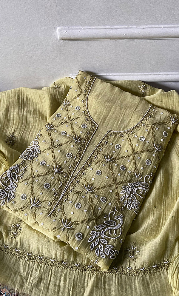 Women's Lakhnavi Handcrafted Mul Chanderi Unstitched Chikankari Full Suit Material - HONC0339571