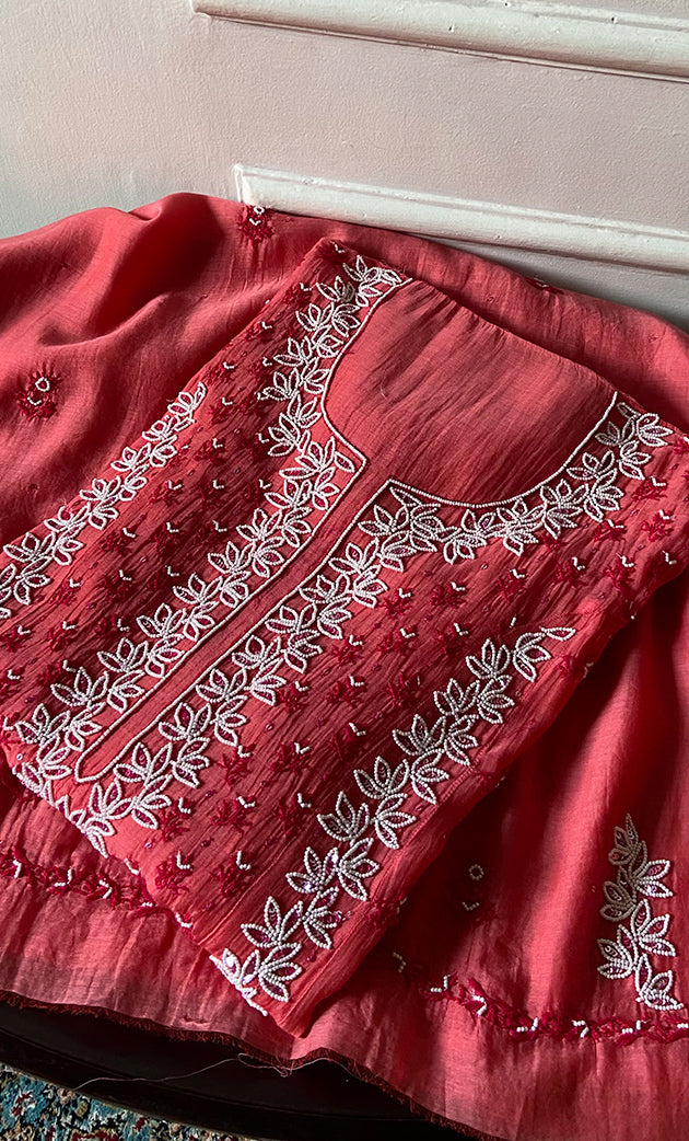 Saziya Women's Lakhnavi Handcrafted Mul Chanderi Semi - Stitched Kurta And Dupatta Set - HONC0339559