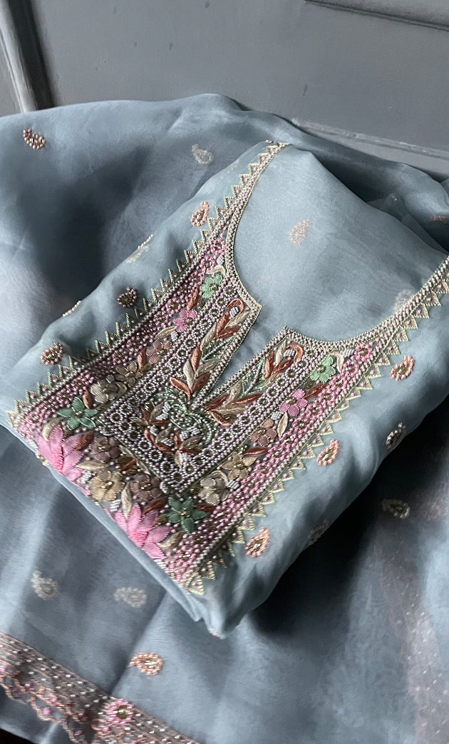 Women's Lakhnavi Handcrafted Pure Organza  Silk Chikankari Unstitched Full Suit Material - HONC0267223