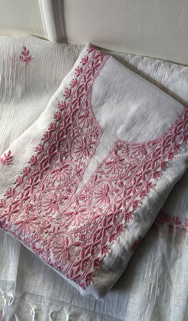 Women's Lakhnavi Handcrafted Mul Chanderi Unstitched Kurta And Dupatta Set - HONC0273064