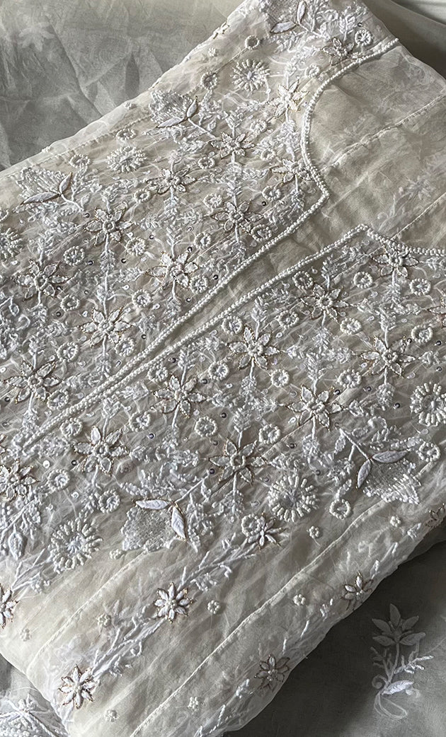 Women's Lakhnavi Handcrafted Pure Organza Chikankari Semi -stitched Anarkali And Dupatta Set - HONC0328513