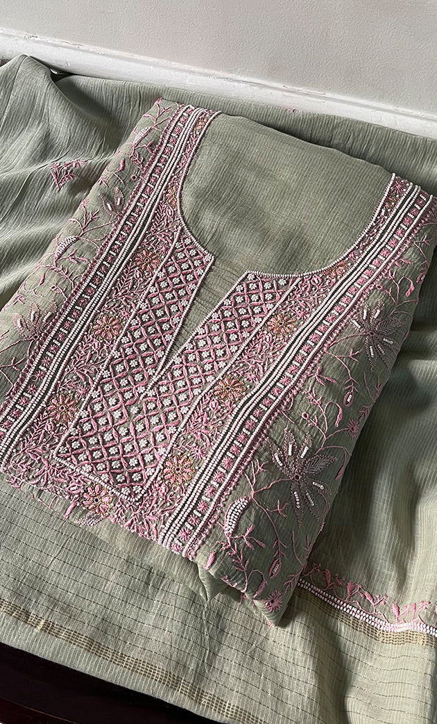 Mehr Women's Lakhnavi Handcrafted Maheshwari Mul Chanderi Unstitched Kurta And Dupatta Set - HONC0294446