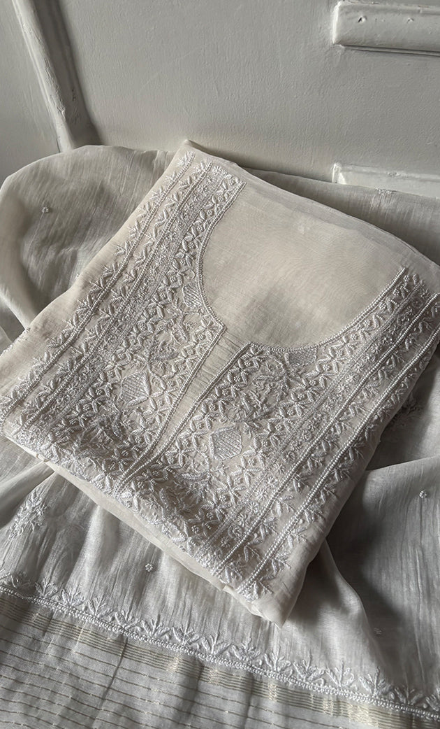 Women's Lakhnavi Handcrafted Unstitched Mul Chanderi Kurta And Dupatta Set - HONC0327485