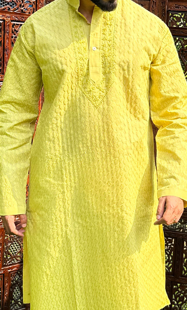 Men's Lucknowi Handcrafted Cotton Chikankari Kurta - HONC02606620