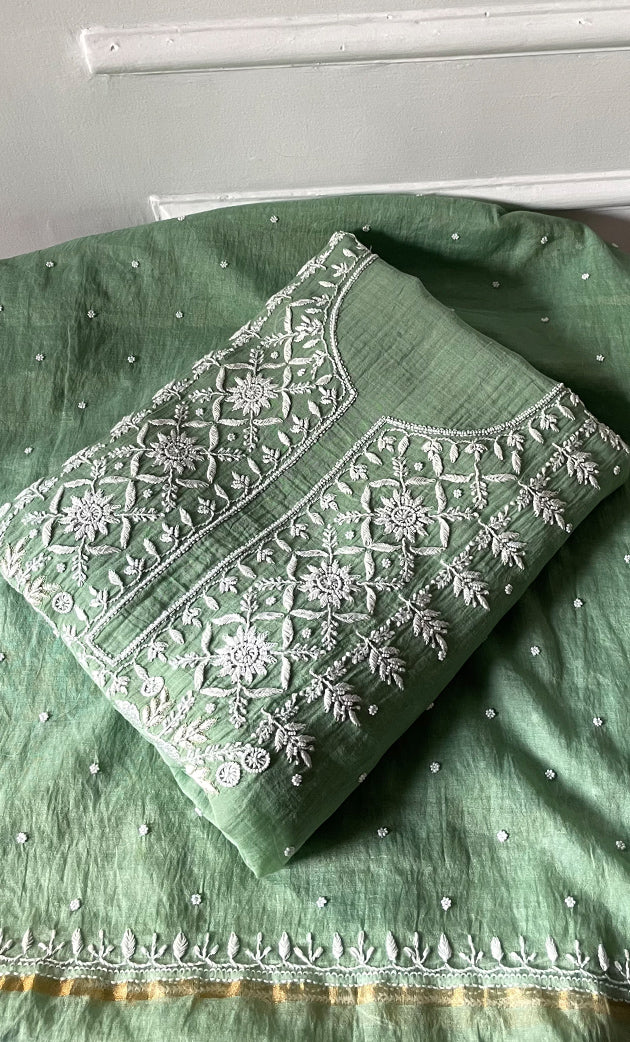 Jazba Women's Lakhnavi Handcrafted Mul Chanderi Unstitched Kurta And Dupatta Set- HONC0319681