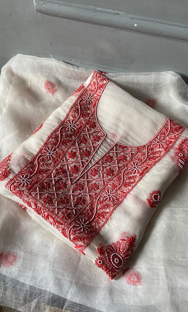 Women's Lakhnavi Handcrafted Pure Organza Chikankari Unstitched Kurta And Dupatta Set- HONC0310179