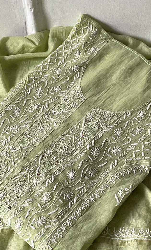 Women's Lakhnavi Handcrafted Mul Chanderi Semi - Stitched Kurta And Dupatta Set- HONC0282429
