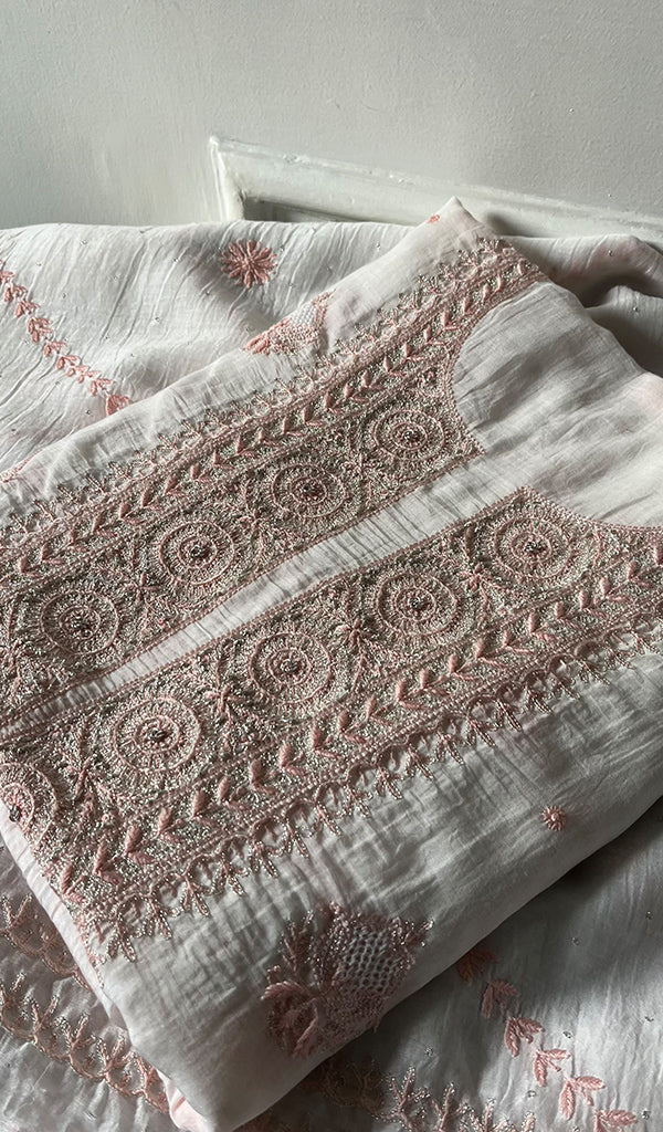 Women's Lakhnavi Handcrafted Unstitched Mul Chanderi Kurta And Dupatta Set - HONC0326141