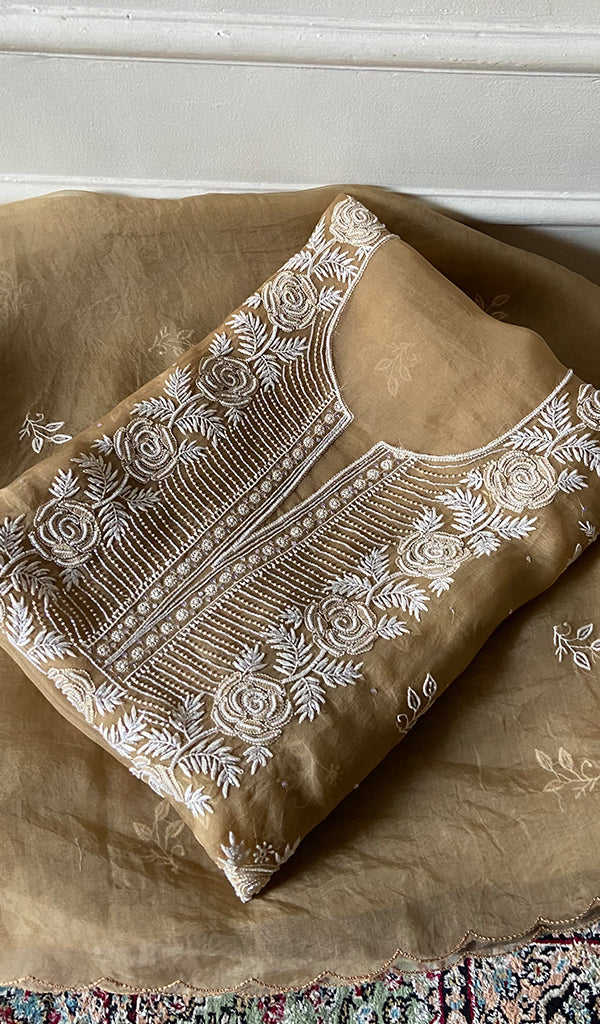 Women's Lakhnavi Handcrafted Pure Organza Chikankari Unstitched Kurta And Dupatta Set- HONC0346451