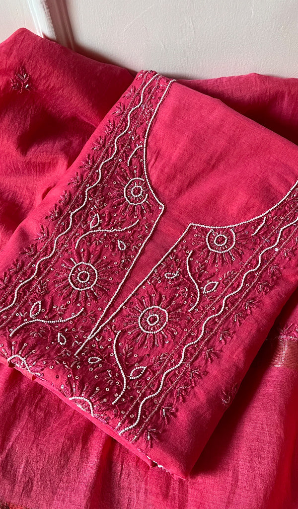 Women's Lakhnavi Handcrafted Mul Chanderi Chikankari Full Suit Material - HONC0271165