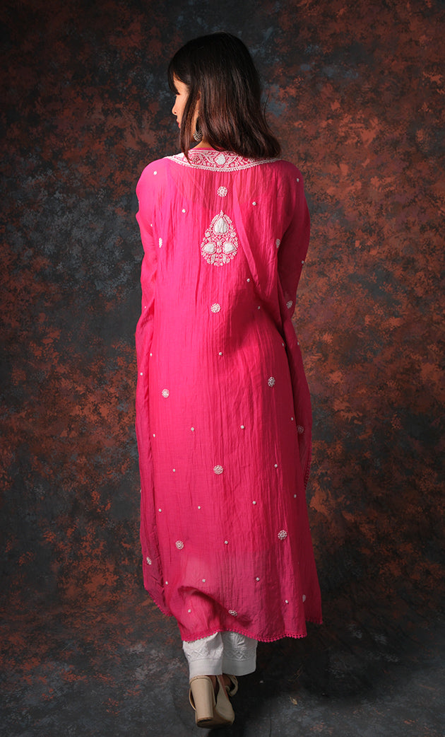 Rabia Women's Lucknowi Handcrafted Mul chanderi Chikankari Kaftan - HONC0304368