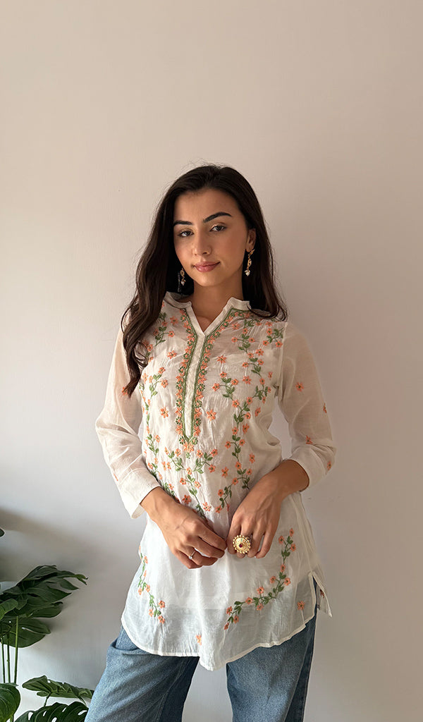 Sophia Women's Lakhnavi Handcrafted Mul Chanderi Chikankari Top - HONC0373010