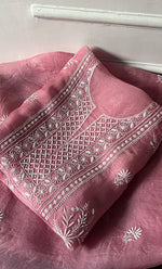 将图像加载到图库查看器中， Women's Lakhnavi Handcrafted Pure Organza Chikankari Unstitched Kurta And Dupatta Set- HONC0319190
