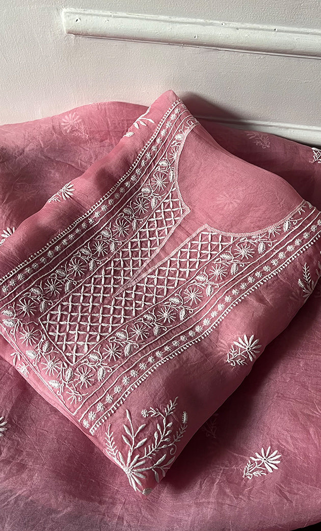 Women's Lakhnavi Handcrafted Pure Organza Chikankari Unstitched Kurta And Dupatta Set- HONC0319190