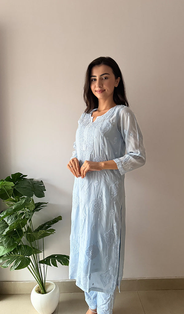 Vedika Women's Lakhnavi Handcrafted Muslin Chikankari Kurti And Plazzo Set - HONC0371328
