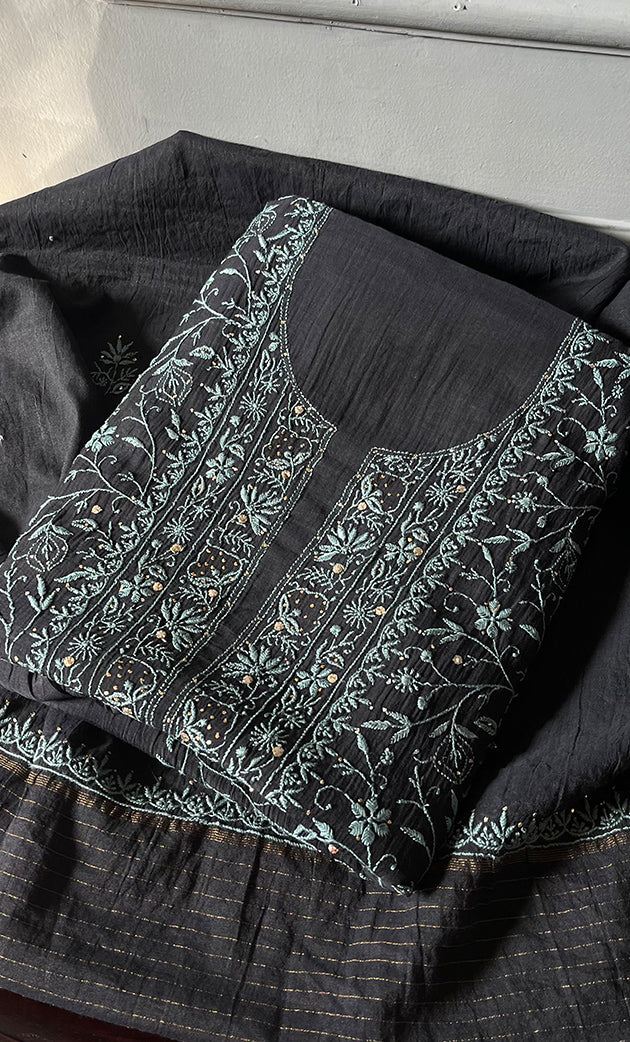 Women's Lakhnavi Handcrafted Unstitched Mul Chanderi Kurta And Dupatta Set - HONC0280875