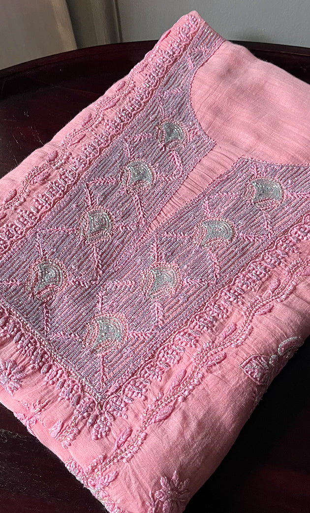 Women's Lakhnavi Handcrafted Mul Chanderi Chikankari Unstitched Kurti Fabric - HONC0307146