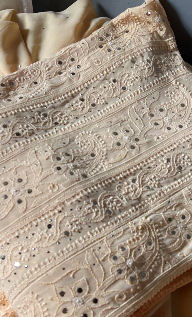Women's Lucknowi Handcrafted Viscose Georgette Semi - Stitched Chikankari Anarkali Full suit  - HONC0311034
