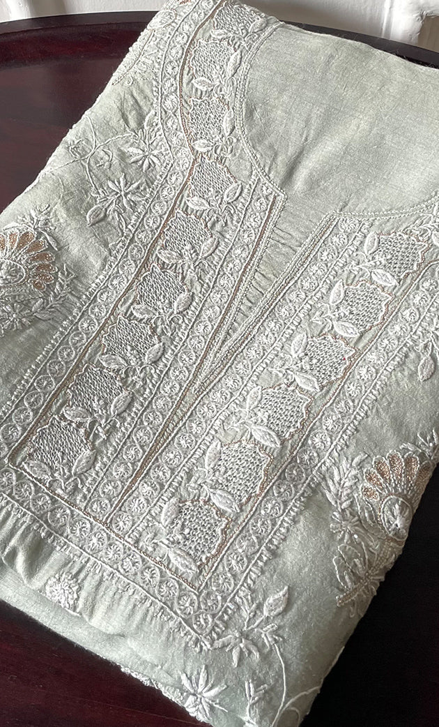 Women's Lakhnavi Handcrafted Munga Silk Chikankari Unstitched Kurti Fabric - HONC0316123