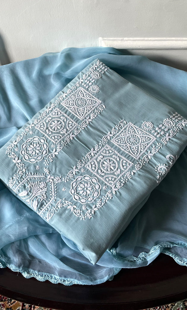 Women's Lakhnavi Handcrafted Unstitched Cotton Chikankari Suit Material - HONC03170170