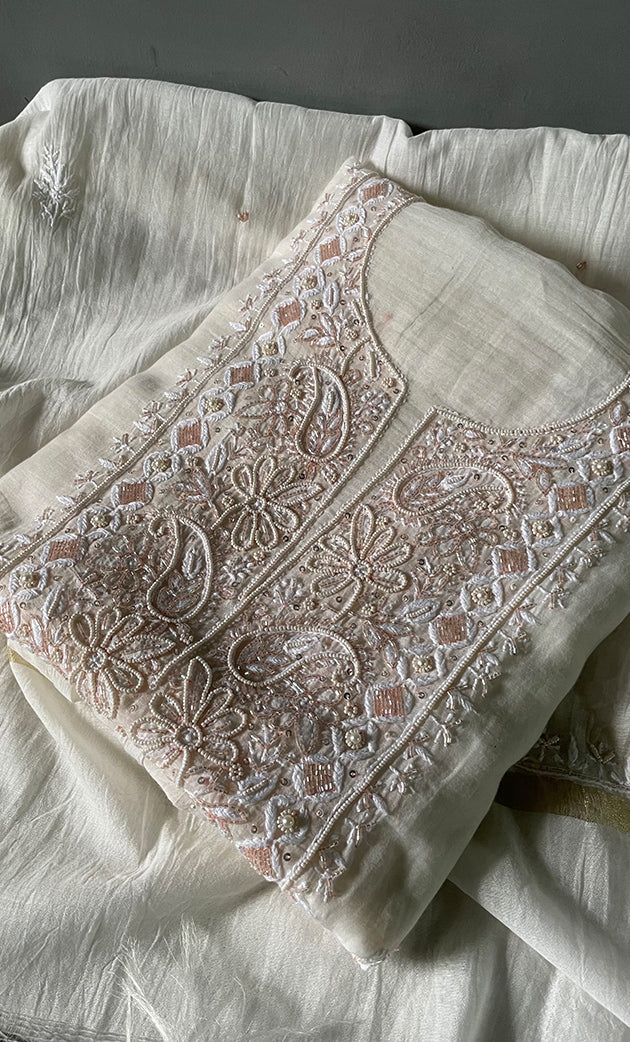 Women's Lakhnavi Handcrafted Mul Chanderi Unstitched Kurta And Dupatta Set- HONC0313318