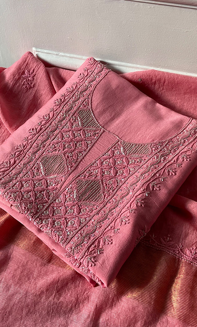 Women's Lakhnavi Handcrafted Chanderi Silk Unstitched Chikankari Kurta And Dupatta Set - HONC0307156