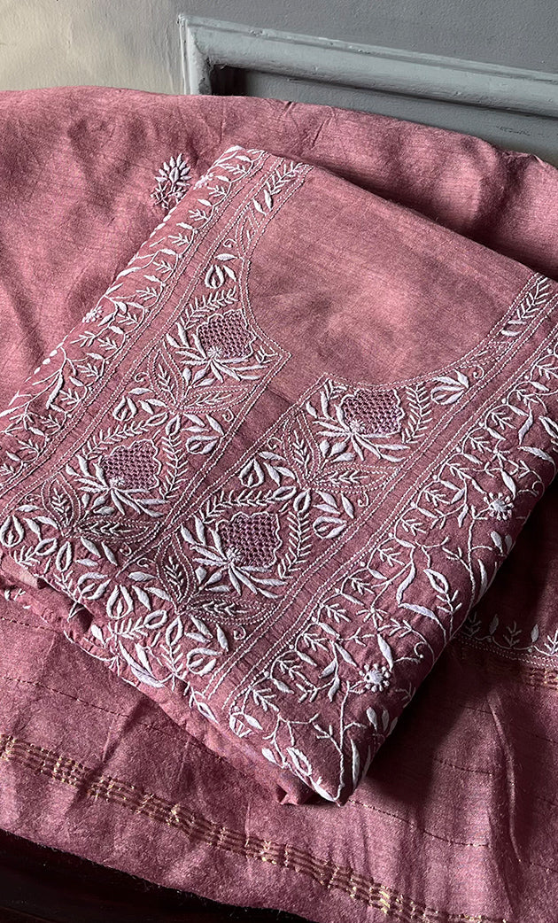 Women's Lakhnavi Handcrafted Munga Silk Chikankari Kurta And Dupatta Set- HONC0280929