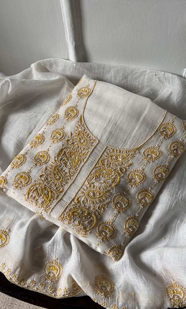 Eshal Women's Lakhnavi Handcrafted Unstitched Mul Chanderi Kurta And Dupatta Set - HONC0324075