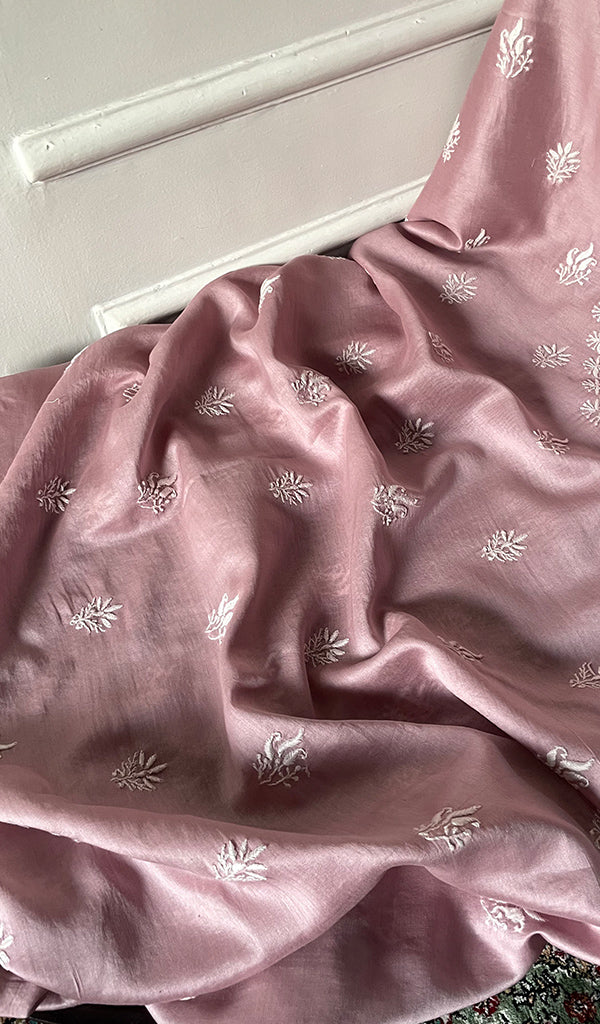 Women's Lucknowi Handcrafted Chanderi Silk Unstitched Chikankari Kurta and Dupatta Set- HONC0288466