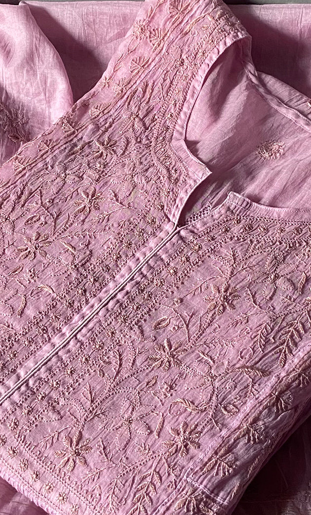 Women's Lakhnavi Handcrafted Mul Chanderi Semi - Stitched Kurta And Dupatta Set - HONC0303412