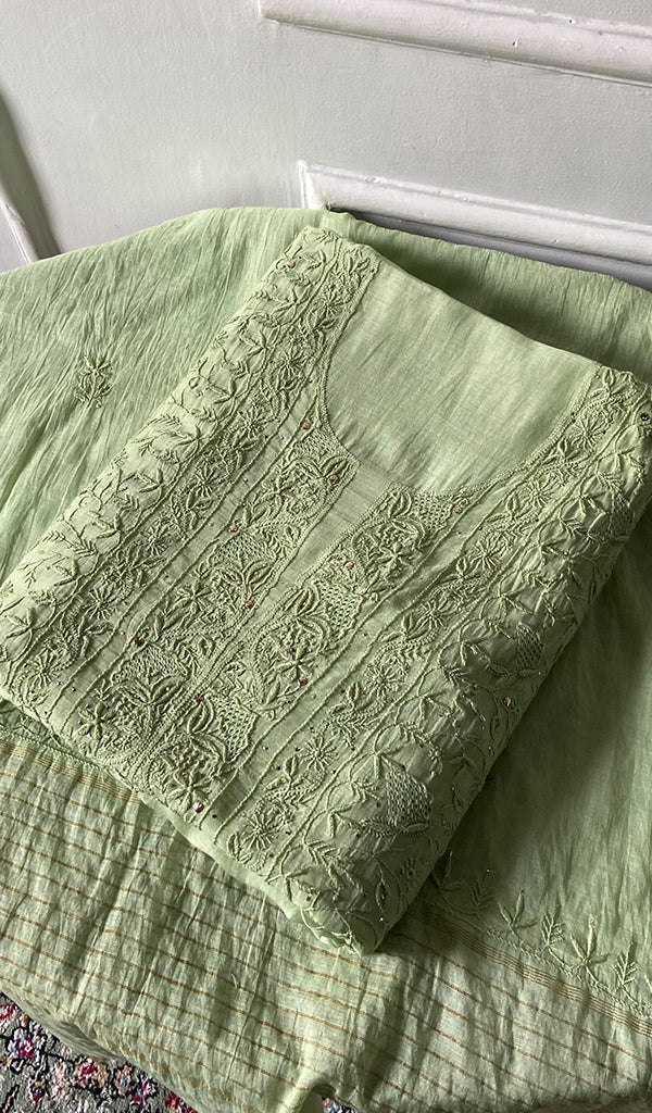 Women's Lakhnavi Handcrafted Mul Chanderi Unstitched Kurta And Dupatta Set - HONC0278948