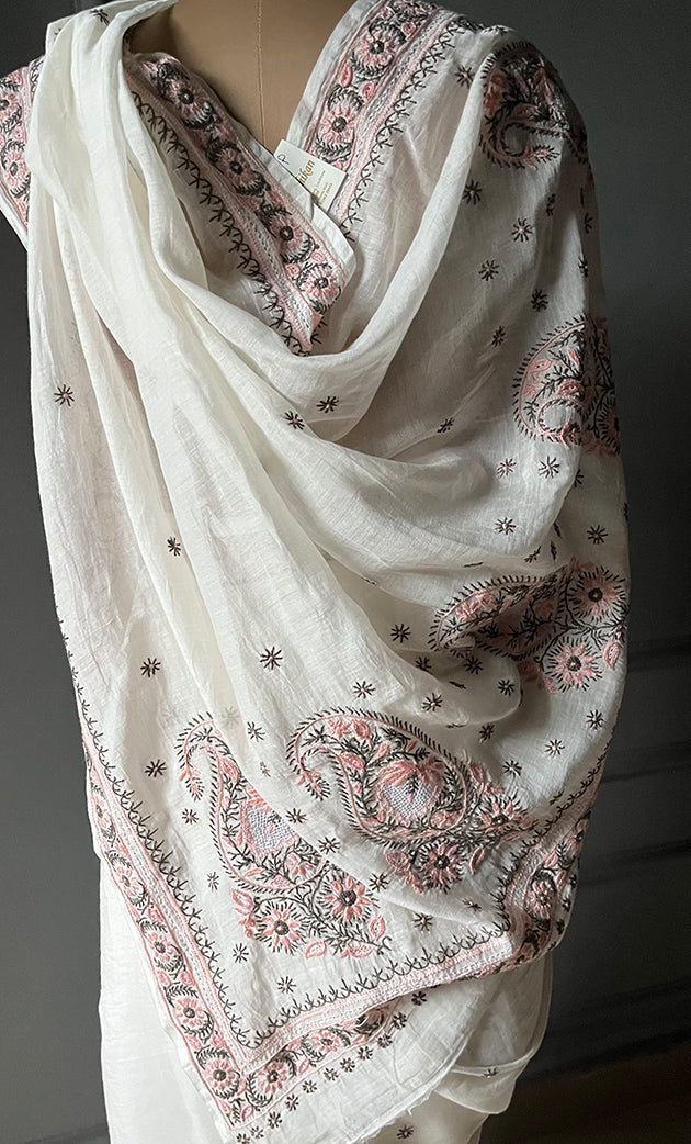 Women's Lakhnavi Handcrafted Mul Chanderi Chikankari Saree - HONC0301813
