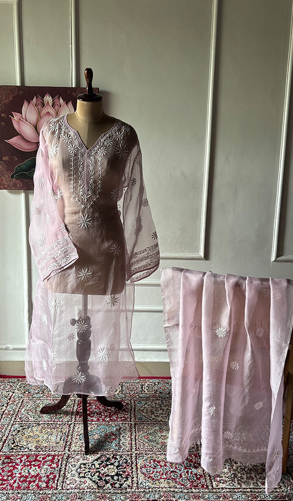 Women's Lakhnavi Handcrafted Pure Organza Chikankari Semi - Stitched Kurta And Dupatta Set- HONC0348613