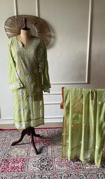 Load image into Gallery viewer, Aarushi Women's Lakhnavi Handcrafted Mul Chanderi Semi - stitched Chikankari Full Suit Material - HONC0