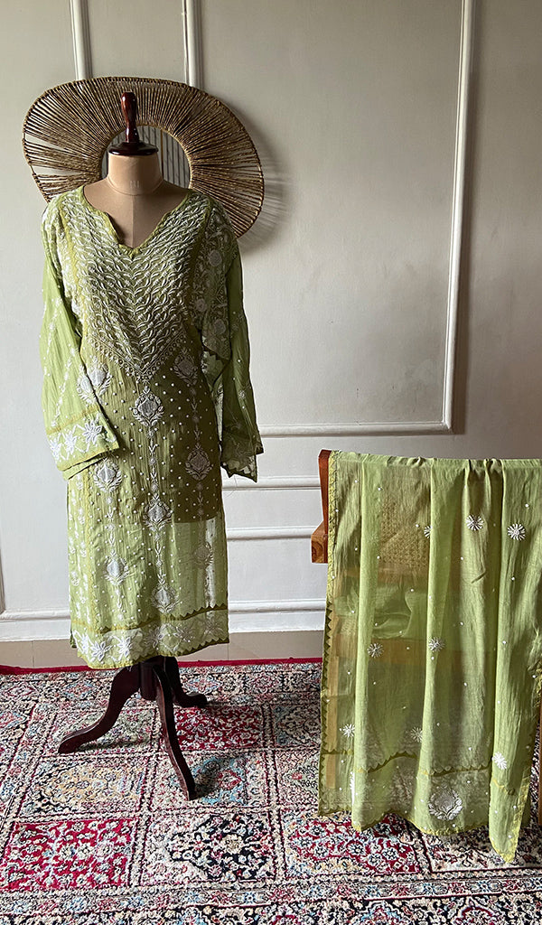 Aarushi Women's Lakhnavi Handcrafted Mul Chanderi Semi - stitched Chikankari Full Suit Material - HONC0