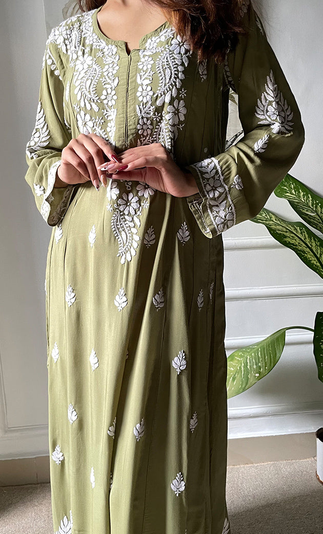 Women's Lucknowi Handcrafted Modal Cotton Chikankari Anarkali Dress - HONC0303897