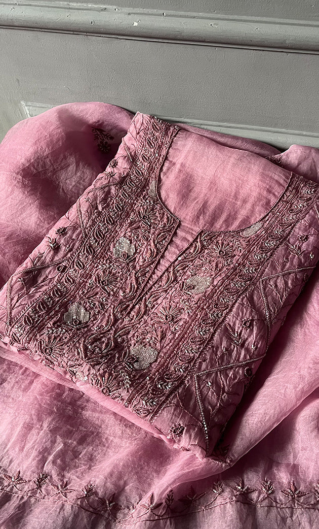 Women's Lakhnavi Handcrafted Pure Organza Chikankari Unstitched Kurta And Dupatta Set- HONC0274532