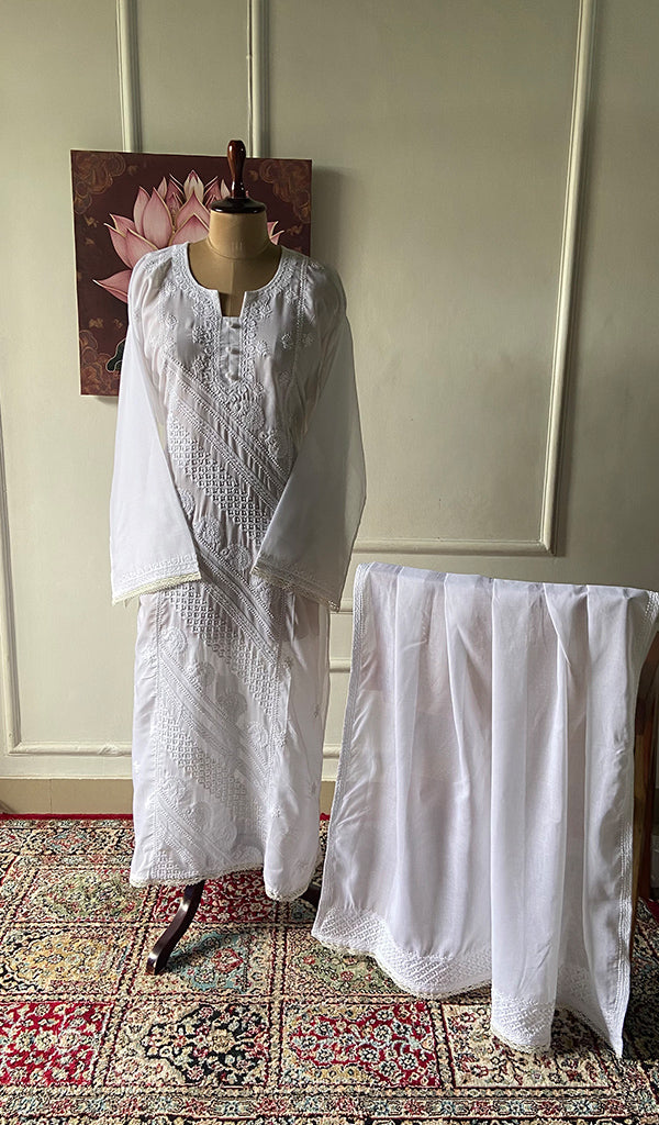 Women's Lakhnavi Handcrafted Cotton Chikankari Semi - Stitched Kurta And Kurta Dupatta Set - HONC0351913