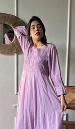 Load image into Gallery viewer, Women's Lucknowi Handcrafted Muslin Chikankari Anarkali Dress - HONC0149492