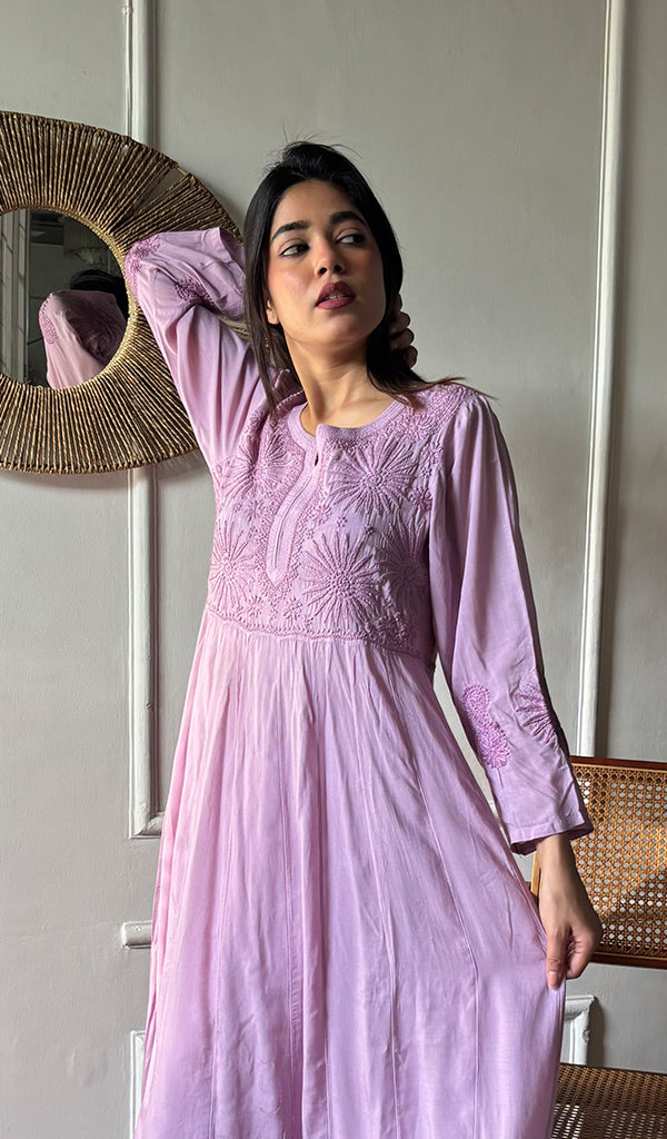 Women's Lucknowi Handcrafted Muslin Chikankari Anarkali Dress - HONC0149492