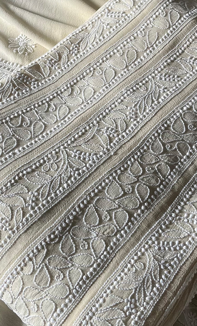 Women's Lakhnavi Handcrafted Pure Silk Georgette Chikankari Anarkali and Dupatta set - HONC02773309