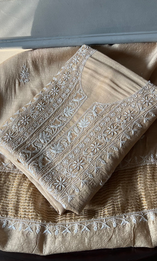 Women's Lakhnavi Handcrafted Munga Silk Unstitched Chikankari Kurta And Dupatta Set- HONC0259727