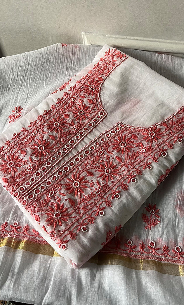 Women's Lakhnavi Handcrafted Mul Chanderi Unstitched Kurta And Dupatta Set- HONC0321880